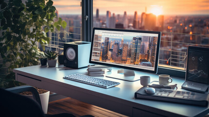 Poster - Home Office Setup for remote working, Cozy comfortable workplace with computer screen and planning charts.