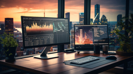 Fototapete - Modern office desk with computer monitor and chart data trading stocks online and planning charts.
