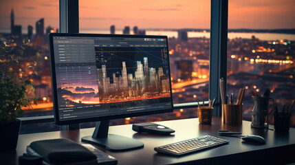 Fototapete - Modern office desk with computer monitor and chart data trading stocks online and planning charts.