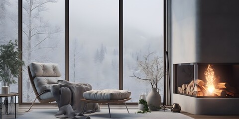 Wall Mural - Grey chair by fireplace against window. Scandinavian home interior design of modern living room