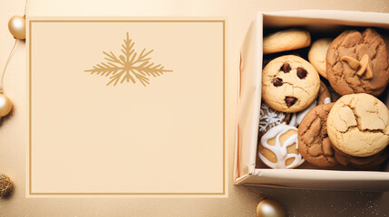Wall Mural - Christmas cozy card flyer in beige and gold colors with a box of cookies decorated with gold ribbon and Christmas decorations with a graphic frame creating copy space for text.