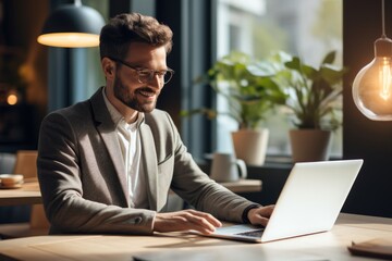 Aufkleber - Man doing an online meeting looking at laptop at desk in office.