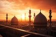 The domes of a mosque against the backdrop of a vibrant sunset, capturing the beauty of Islamic architecture.