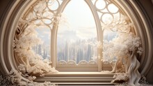 Wedding Design, Wedding Area, A Big White Oval Archway In The Middle And White Silk Curtains On Both Sides Of The Arch With Flower Beautiful Trees Outside.