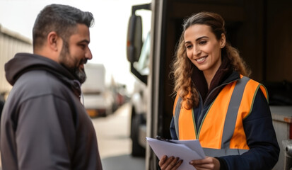 Poster - Arab truck driver in a conversation with logistics worker woman, They are in the process of signing paperwork for unloading the truck.