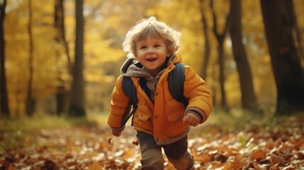 Wall Mural - Young boy enjoying a good time while strolling through the woodland on a lovely fall day. child having fun with maple leaves. Baby throwing up the leaves.