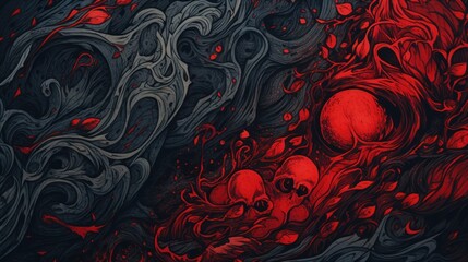 Wall Mural - a red and black painting with skulls, ai