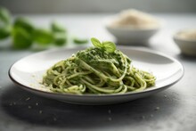 Spaghetti Spinach Pesto Food Leaf. Spread Aromatic Salad Cuisine. Generate Ai