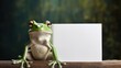 Portrait of a frog with blank banner. Copy-space.