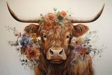 Portrait Of A Cow With A Wreath Of Flowers On Her Head, Beautiful Watercolor Highland Cow With Flowers On Her Heand Floral Headboard, AI Generated