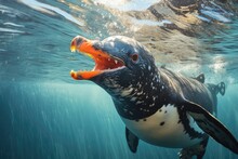 Close-up Of A Seal With Open Mouth In The Ocean, Gentoo Penguin Swimming Marine Life Underwater Ocean, AI Generated