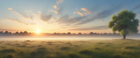 Wall Mural - Sunrise over misty meadow with trees and panoramic sky
