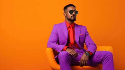 Wall Mural - Portrait of attractive male in colorful bright lights posing in studio, Portrait of Handsome man with dressing trendy on colorful background.