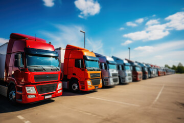 Red and orange semi trucks lined up in parking lot