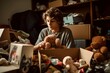 Teenager sorting toys. Charity collection of aid for an orphanage. Generate AI