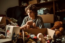 Teenager Sorting Toys. Charity Collection Of Aid For An Orphanage. Generate AI