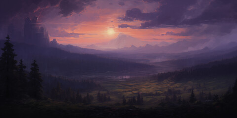 Canvas Print - Darkened realistic sunset art