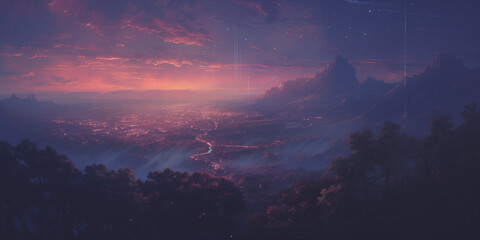 Canvas Print -  a purple sun setting over an alien fantasy scene