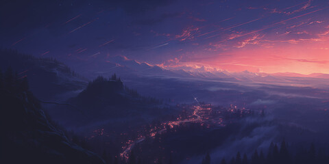 Canvas Print -  a purple sun setting over an alien fantasy scene
