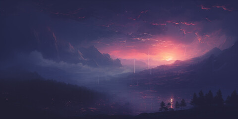 Canvas Print -  a purple sun setting over an alien fantasy scene