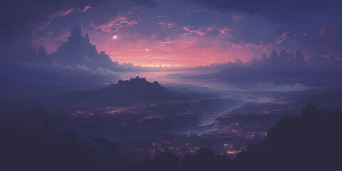 Canvas Print -  a purple sun setting over an alien fantasy scene