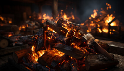 Poster - Glowing bonfire warms dark winter night, providing comfortable relaxation generated by AI