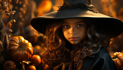 Poster - Cute girl smiling, Halloween celebration, pumpkin decoration, spooky night generated by AI