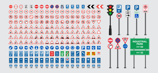 Wall Mural - Set of road signs and traffic light vectors. Traffic signs collection. Signs of danger, mandatory, obligations, animal crossing and alerts. Supplementary and routing table. Temporary traffic signs.