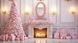 © Sergio Lucci - Christmas fantasy room with pink wall, white fireplace, pink christmas tree, candles.