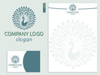 Wall Mural - Ready-made drawing of a vector logo with a peacock symbol on a business card and A4 letterhead template