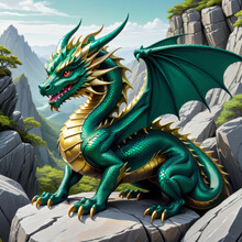 Cute Emerald Green Dragon On The Rock. Fatasy World, Chinese Green And Gold Dragon ,with Beautiful Big Wings, Rocky Cliff And  Mountain Landscape.  Dream Fantasy Character And Background Illustration.