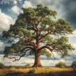 A grand oak tree stands tall in a sunlit field, its massive branches spreading wide against a backdrop of blue skies and fluffy clouds...
