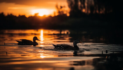 Wall Mural - Silhouette of swans at dusk, reflecting beauty in nature tranquility generated by AI