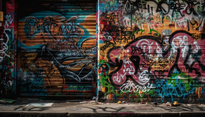 Sticker - Graffiti painting on dirty wall depicts youth culture and creativity generated by AI