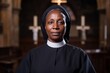 Mature Catholic nun - African American woman in apostolic standing and looking at camera. Catholic nun preparing to serve God in church.