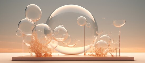 Poster - Rendering podium with bubbles on beige pastel beige background. AI generated