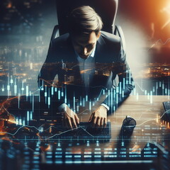 Poster - The businessman are looking through the screen shows a graph of the stock market's ups and downs