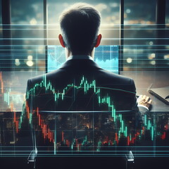 Poster - The businessman are looking through the screen shows a graph of the stock market's ups and downs