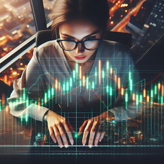 Poster - The businessman are looking through the screen shows a graph of the stock market's ups and downs