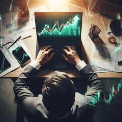 Poster - The businessman are looking through the screen shows a graph of the stock market's ups and downs