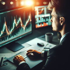 Poster - The businessman are looking through the screen shows a graph of the stock market's ups and downs