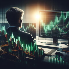 Poster - The businessman are looking through the screen shows a graph of the stock market's ups and downs