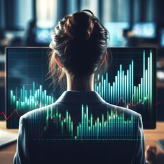 Poster - The businessman are looking through the screen shows a graph of the stock market's ups and downs