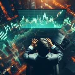 Poster - The businessman are looking through the screen shows a graph of the stock market's ups and downs