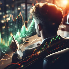 Poster - The businessman are looking through the screen shows a graph of the stock market's ups and downs