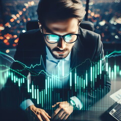 Poster - The businessman are looking through the screen shows a graph of the stock market's ups and downs