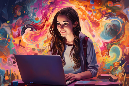 woman passionately crafts art on laptop, surrounded by vibrant abstract backdrop, representing digital spirit concept. Captures fusion of technology artistic expression. Generative AI.