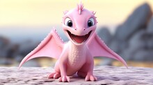 Cute Pink Pterodactyl Dinosaur Sitting With Open Mout.Generative AI