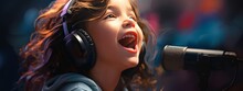 The Melodious Serenade: A Little Girl With Headphones Singing Into A Microphone