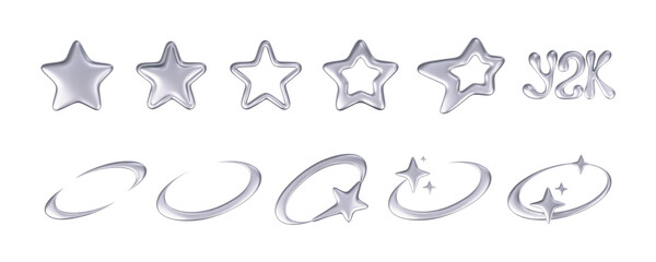 3d chrome stars set in y2k futuristic style isolated on dark background. render 3d cyber chrome gala